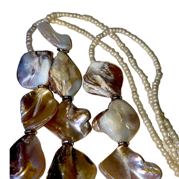 Abalone Mother of Pearl Multi Strand Layered Women’s Necklace Brown Gold Pearl - Picture 9 of 16